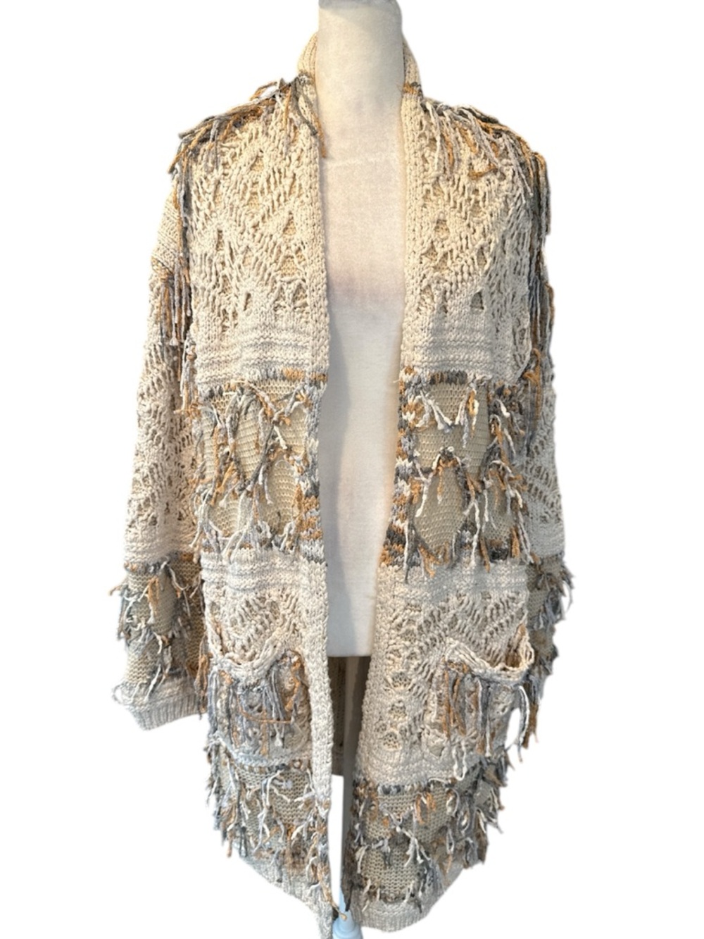 BNCI Boho Fringe Patchwork Knit Cardigan Neutral Oversized Cozy Sweater Medium